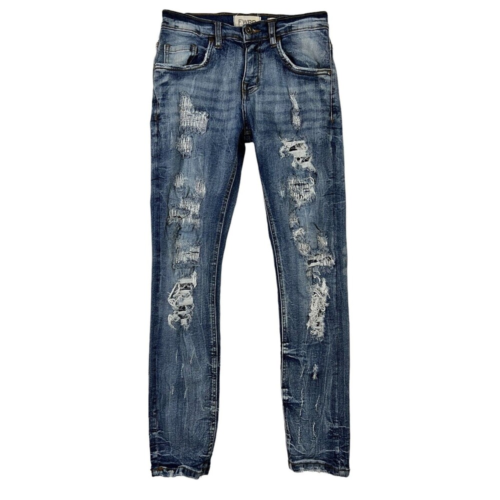 FWRD R-33705K Gashed Ripped Patched Denim Jeans Youth Boys Size 14 Streetwear
